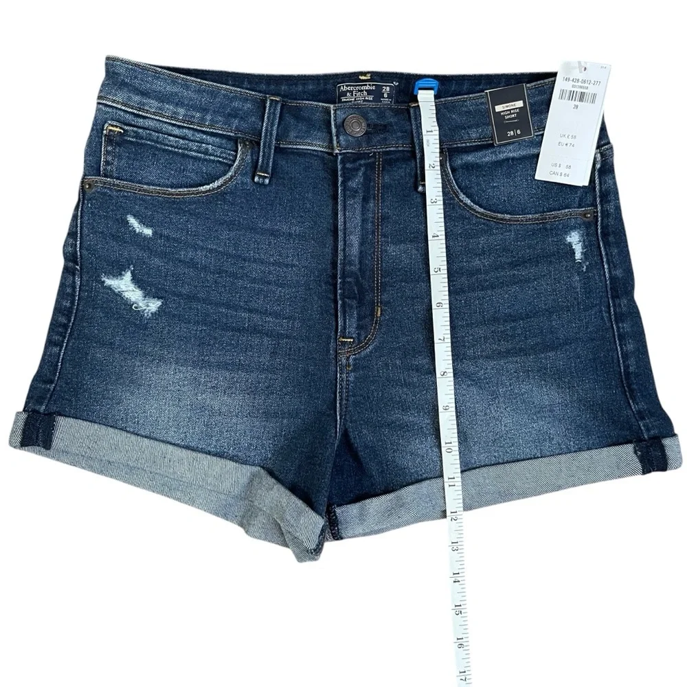 Abercrombie & Fitch Simone High‎ Rise Jean Shorts Dark Blue 28/6 NWT Distressed - Picture 3 of 7